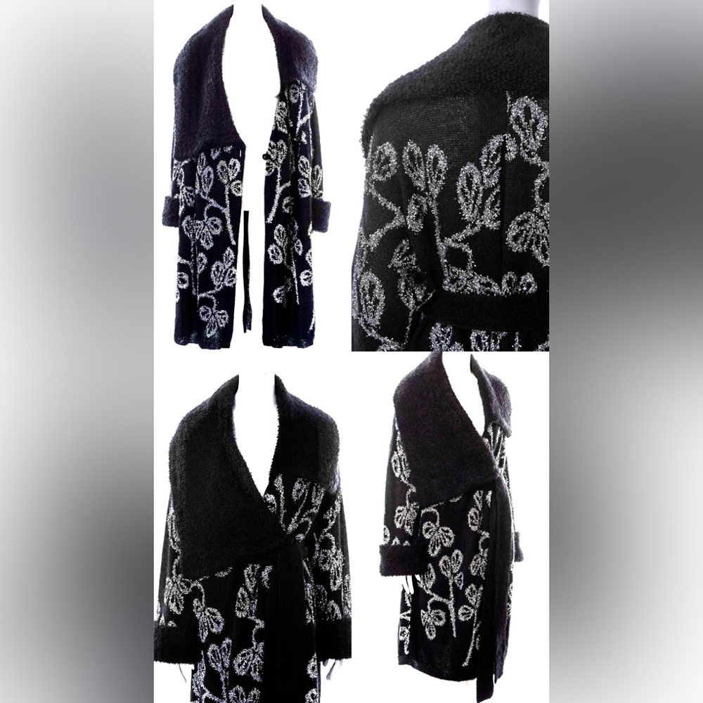 2003 runway Galliano embellished embroidered silver tinsel floral wrap cardigan